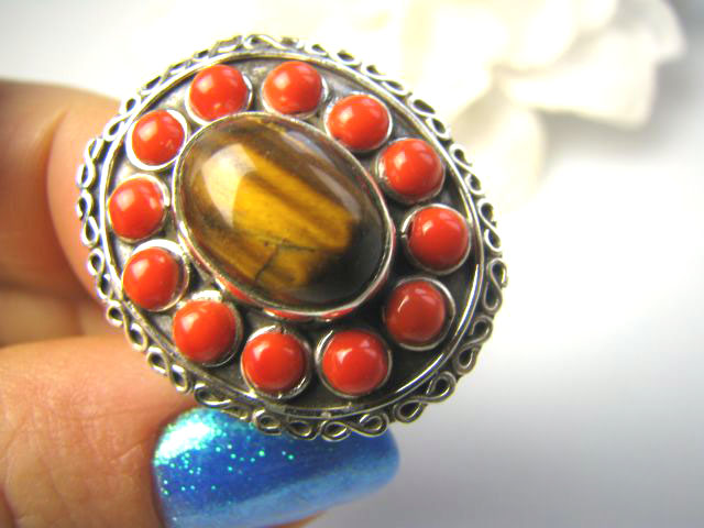 940 Veľký krúžok ETNO Tiger Eye Coral Silver