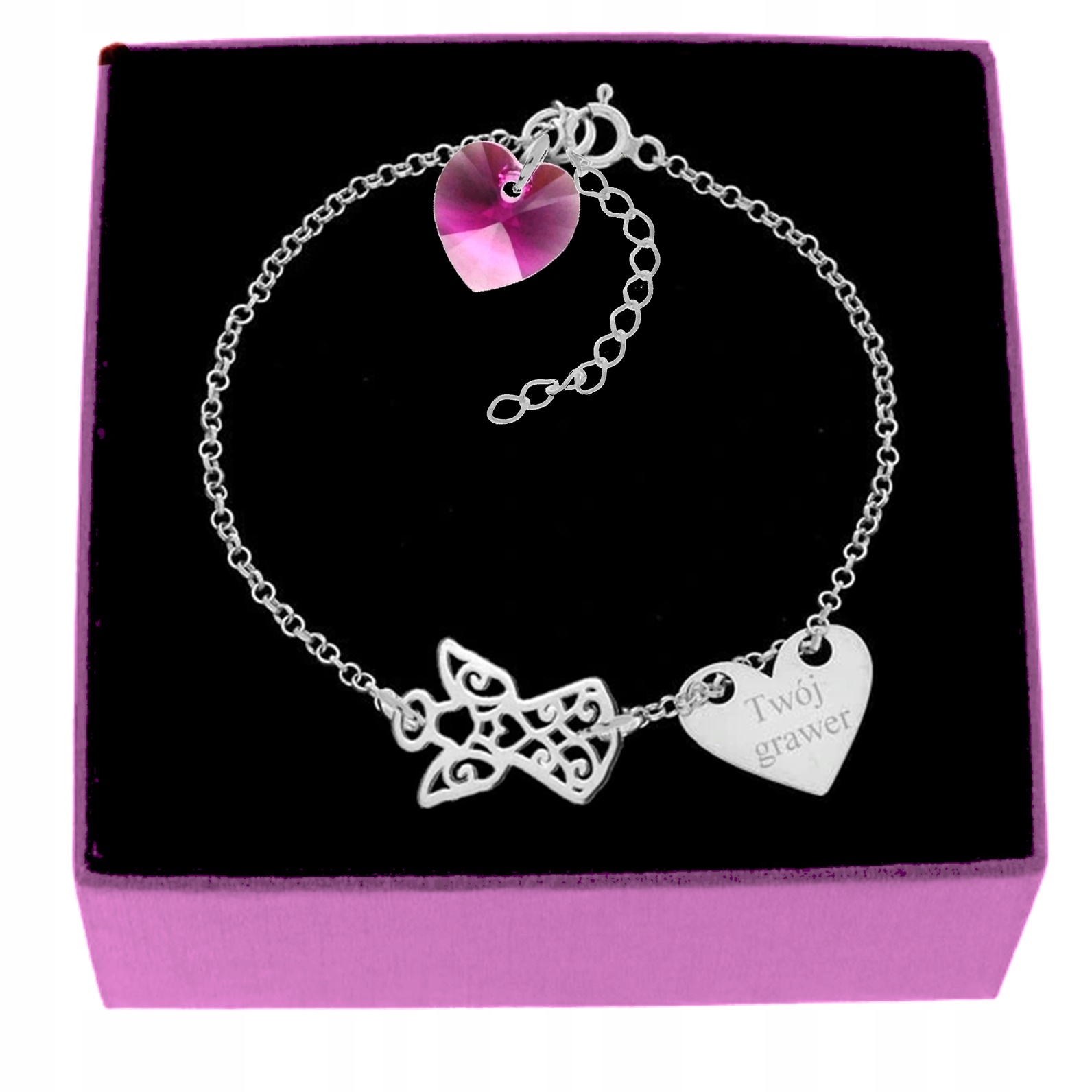 NÁRAMOK ANJEL A SRDCE Z KR. Gravírovanie SWAROVSKI