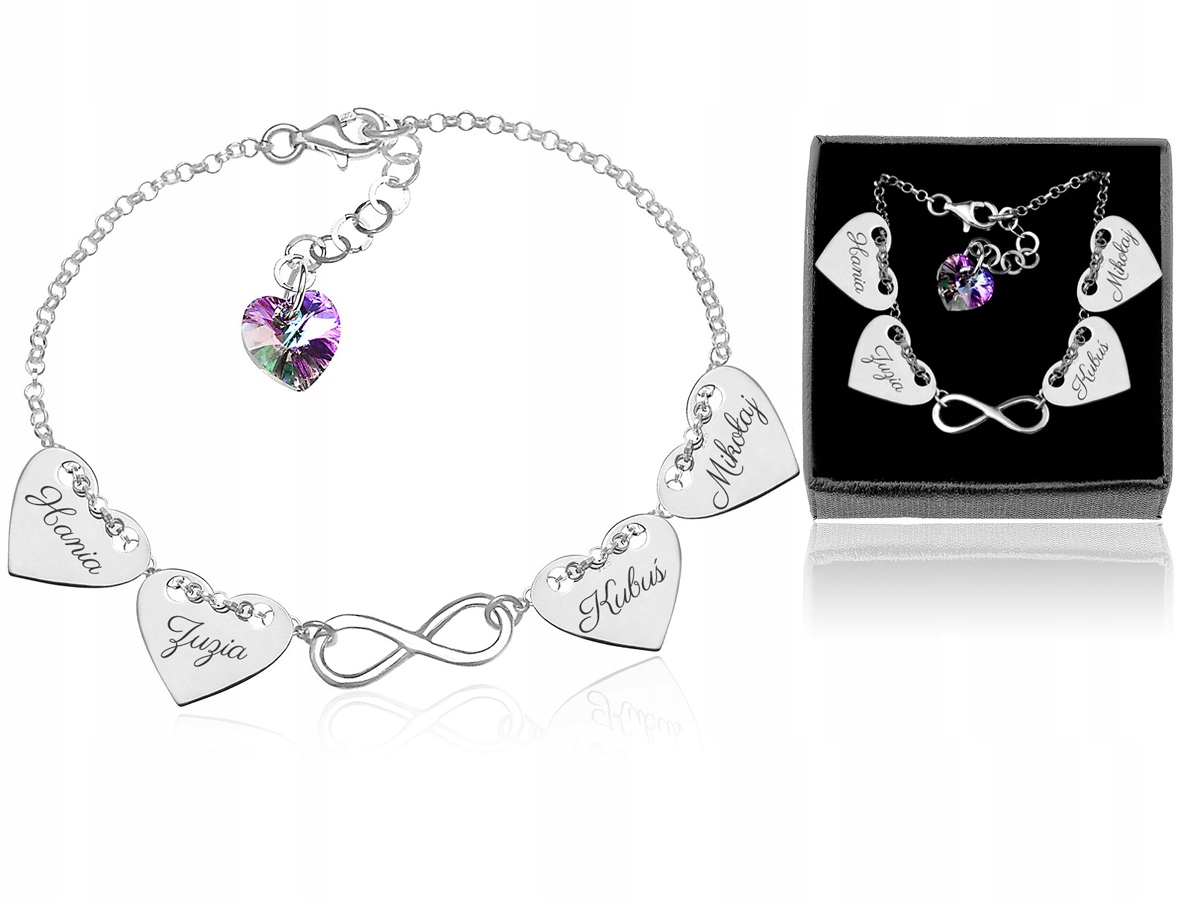 Náramok od Swarovski 4 sŕdc Infinity Gravírovanie