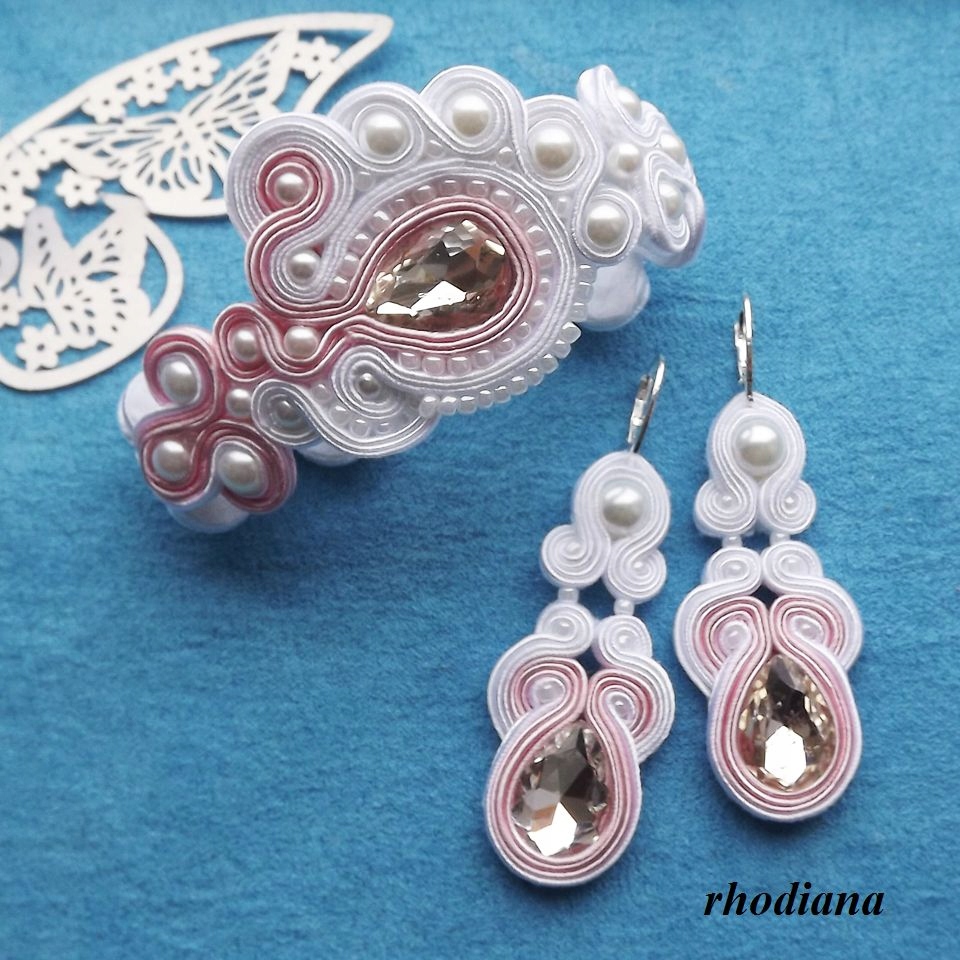 Biely a ružový svadobný set s náramkom Soutache