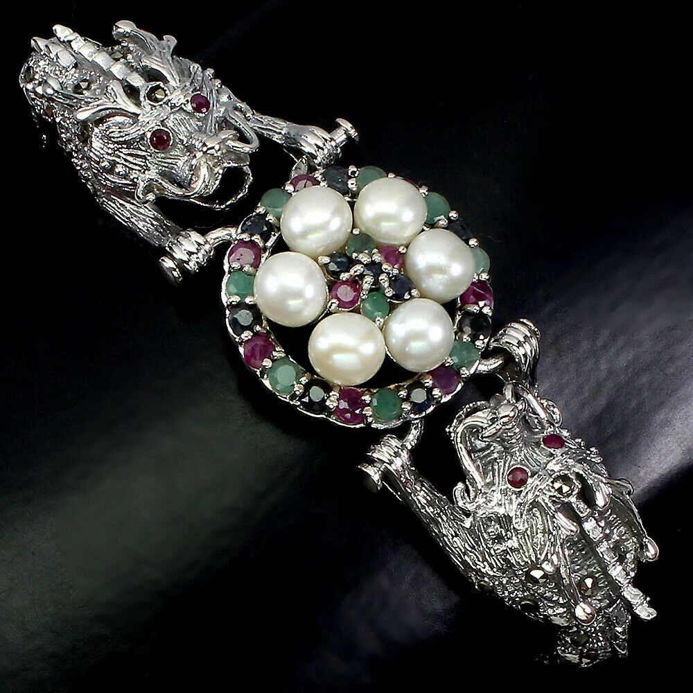 Prírodný náramok Marcasites Emeralds 925 Dragon