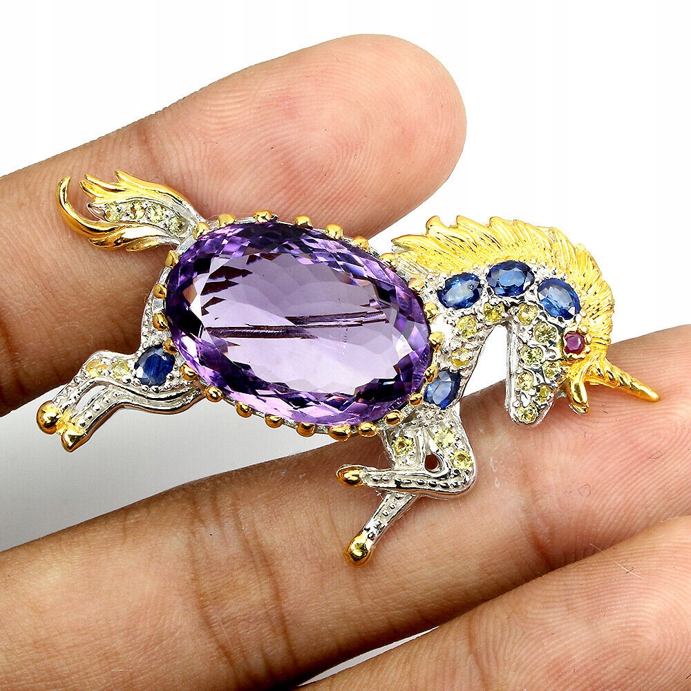 UNICORN SILVER BROOCH 20.14CT AMETHYST SAPPHIRES