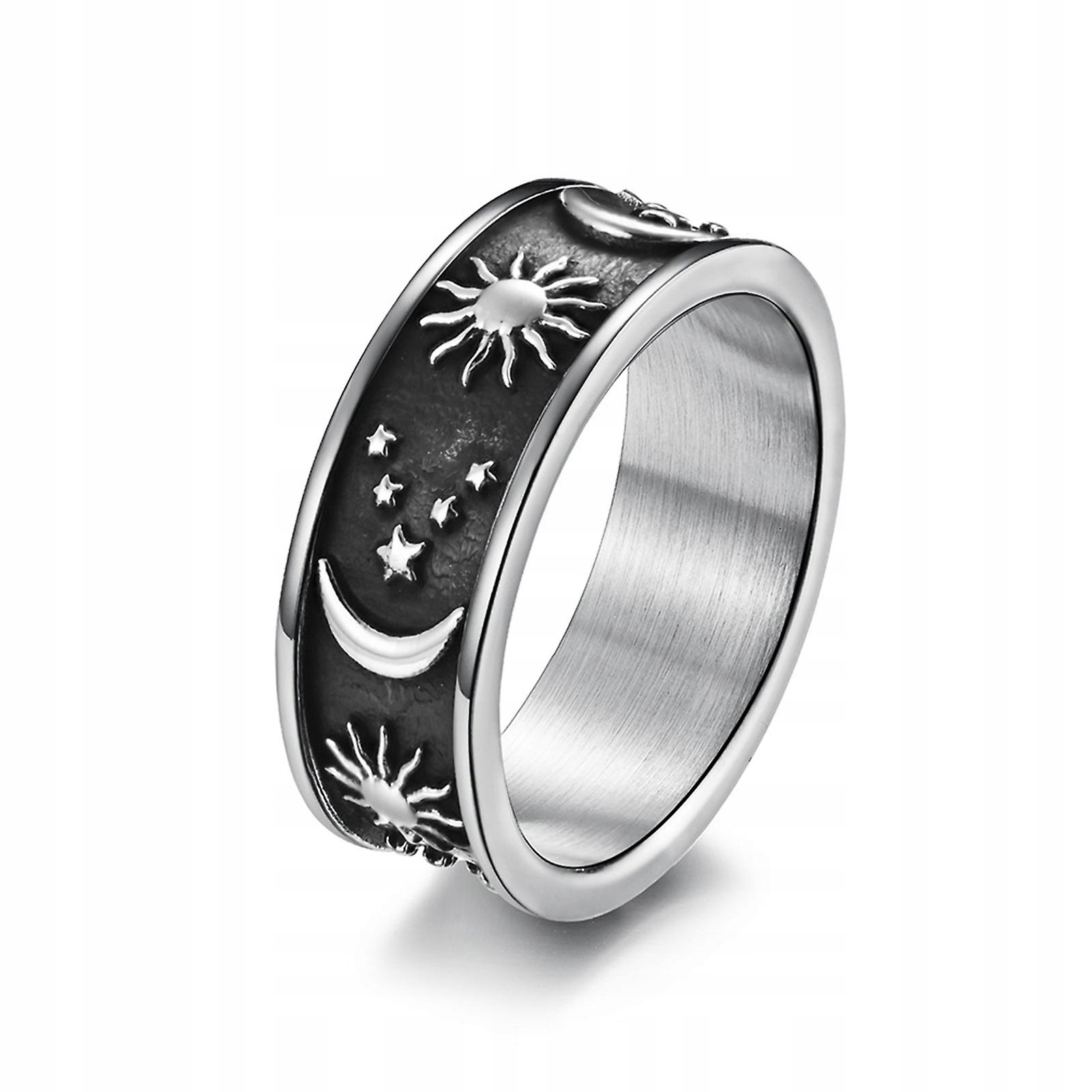 Čierna a strieborná USA 12 -unisex Ring Star Moon Sun Sun
