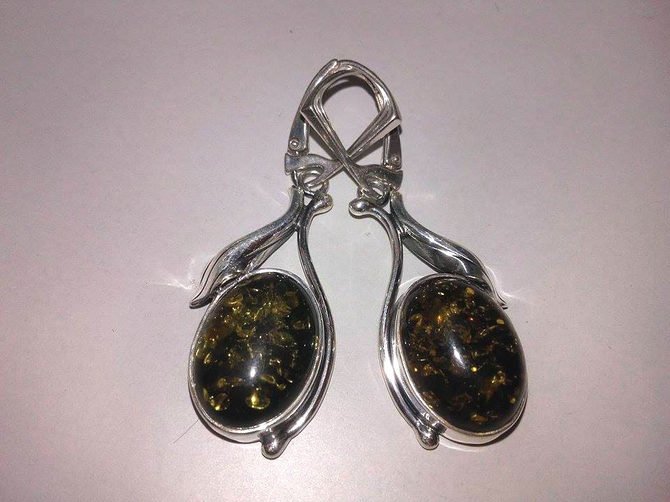 Elegantné veľké strieborné závesné náušnice +Amber
