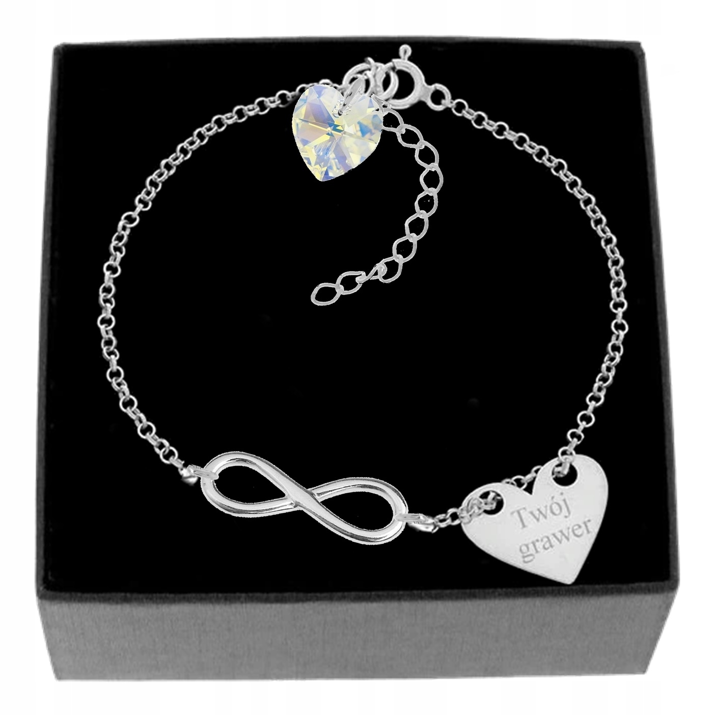 Infinity Bracelet Engraver Heart Swarovski striebro