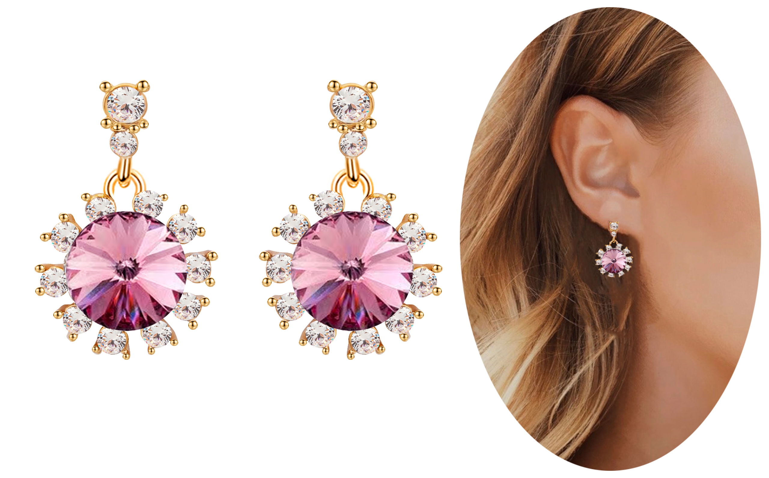 Zlaté ružové náušnice Swarovski jemná palica