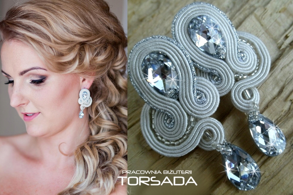 Soutache NÁUŠNICE Swarovski cvočky, svadobné kryštály