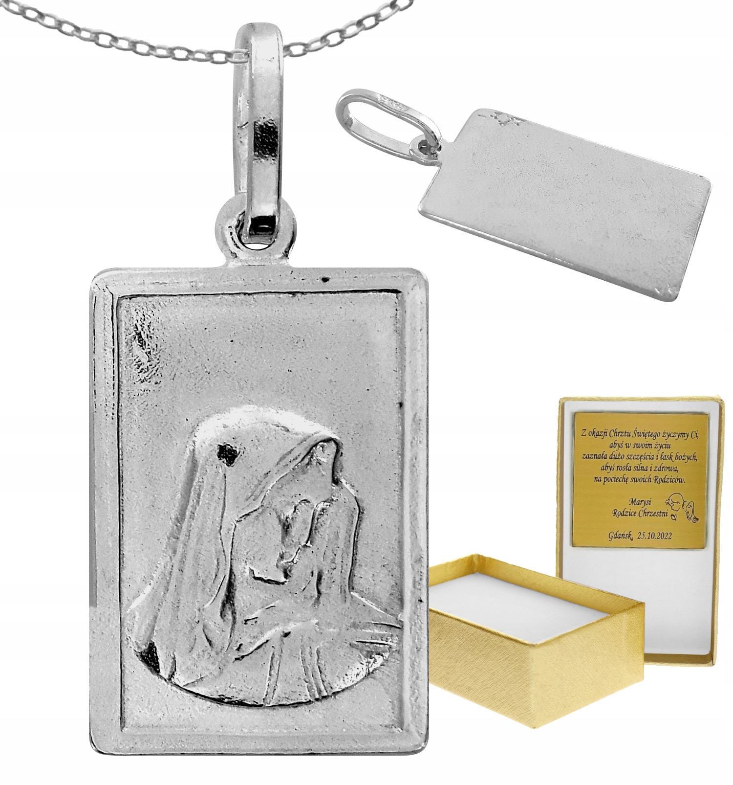 Štvorcová medaila s Panny Márie Silver 925 Gravírovanie