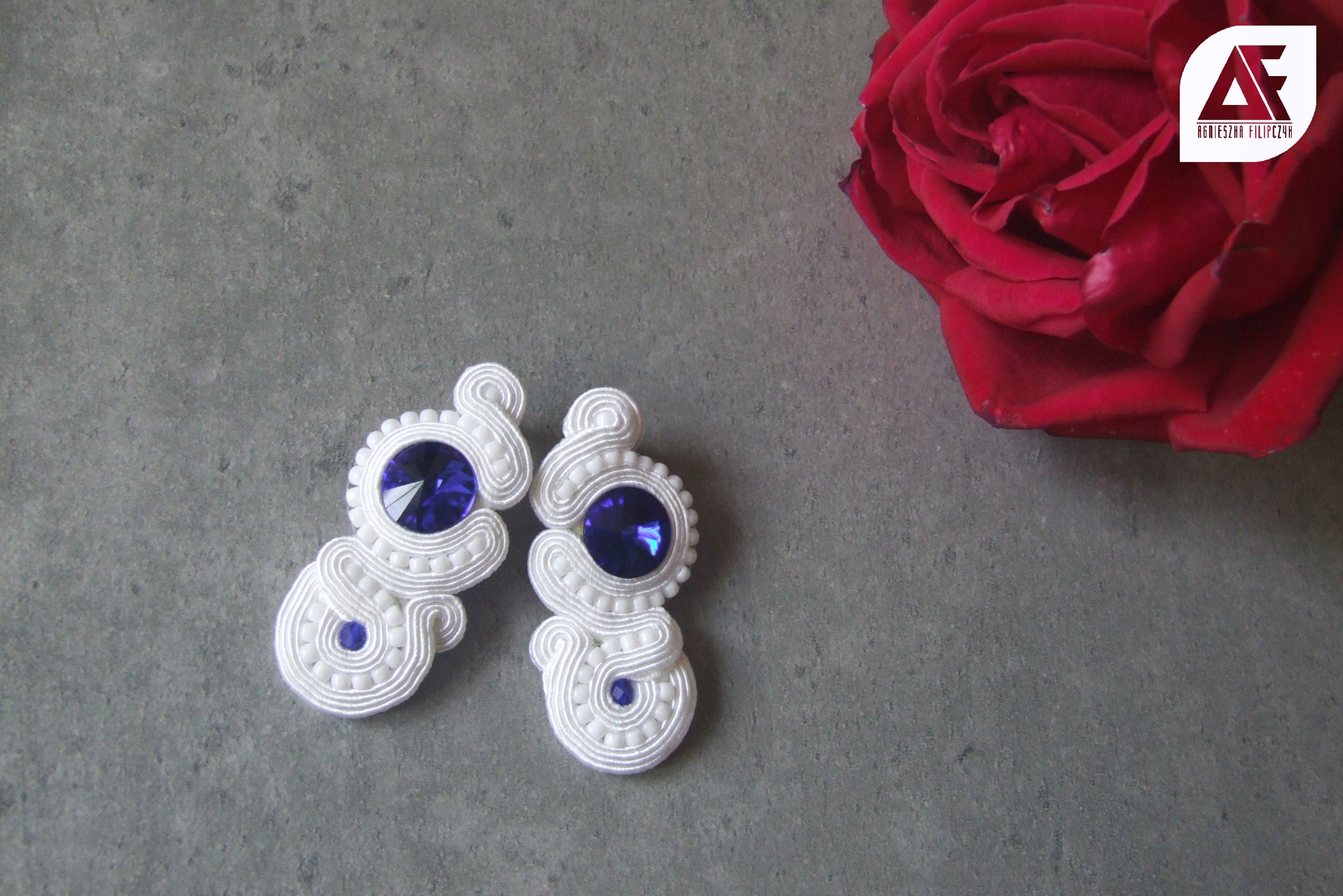 Náušnice Soutache soutache biele svadobné modré