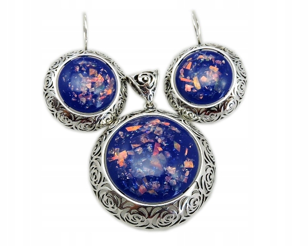 Náušnice prívesok Opal Sapphire Strieborná súprava