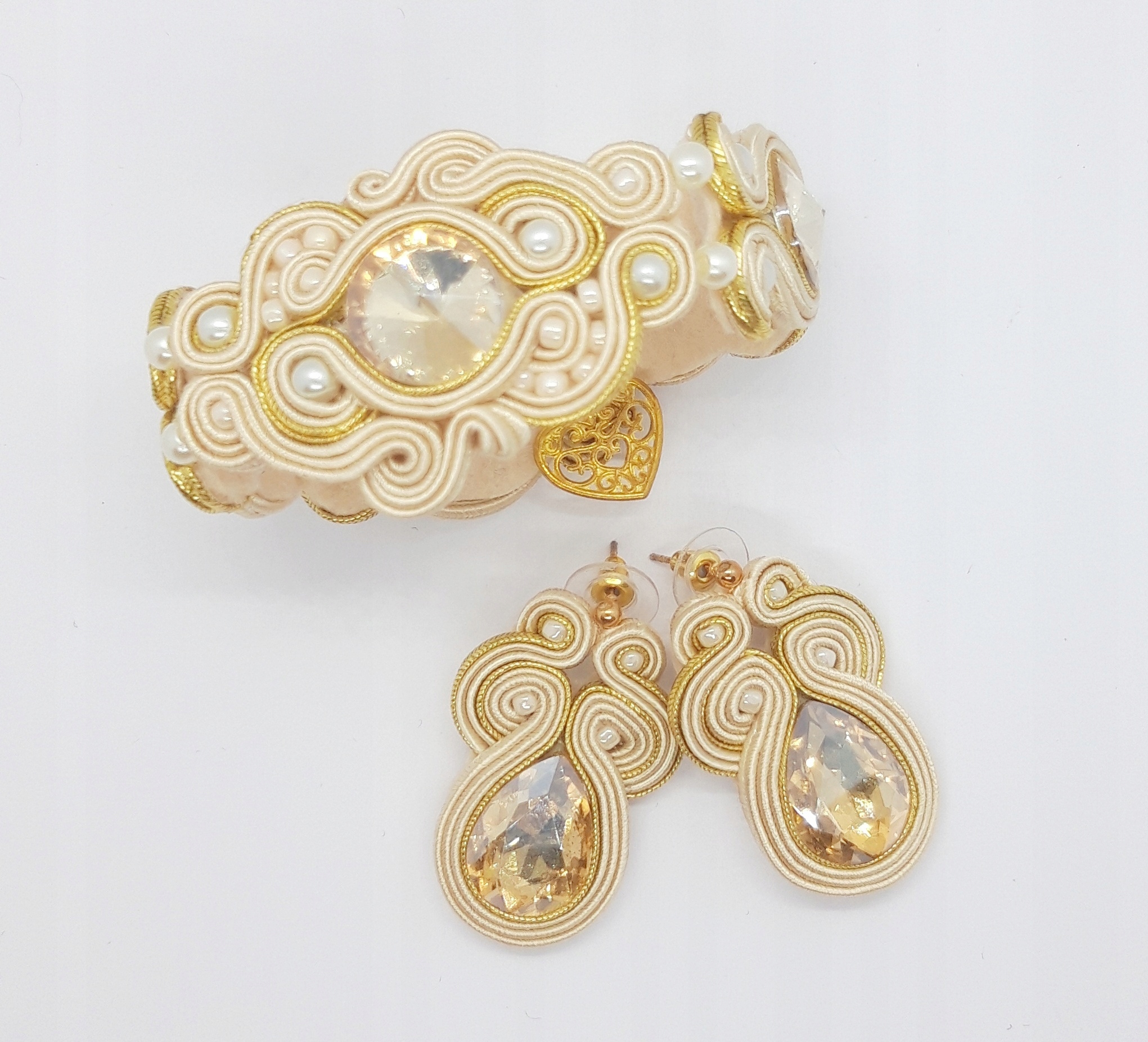 Krémová a zlatá súprava náramku Soutache