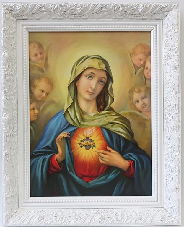 OBRAZ V BIELOM RÁME SRDCE MÁRIE A JEŽIŠA 40X50