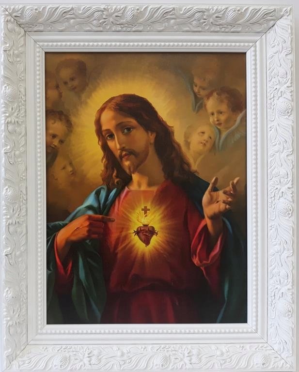 Obrázok v bielom ráme srdca Márie a Ježiša 60x80