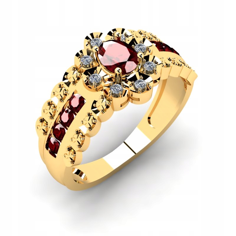 ZLATÝ PRSTEŇ S POMEGRANÁTAMI A BRILLIANTAMI 0,88CT