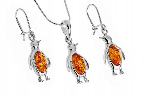 Prívesok náušnice tučniaky PENGUINS SILVER AMBER