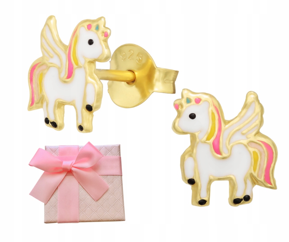 Zlato -náušnice pre dievčatá Unicorn 925