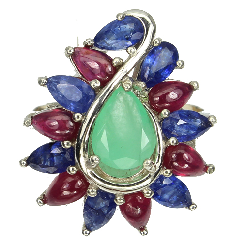 Strieborný prsteň, PRÍRODNÝ, EMERALD SAPPHIRE RUBIN