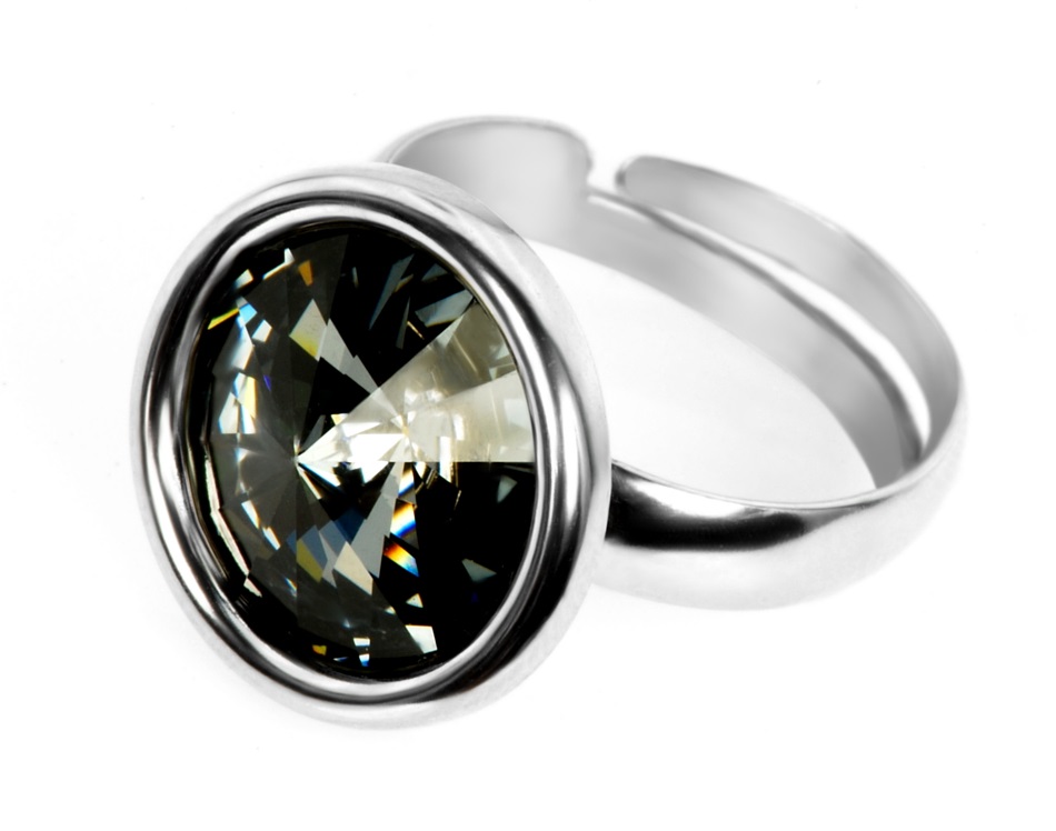 Swarovski okrúhly čierny strieborný prsteň