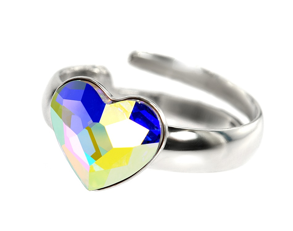 Strieborný prsteň s dúhovým srdcom AB Swarovski