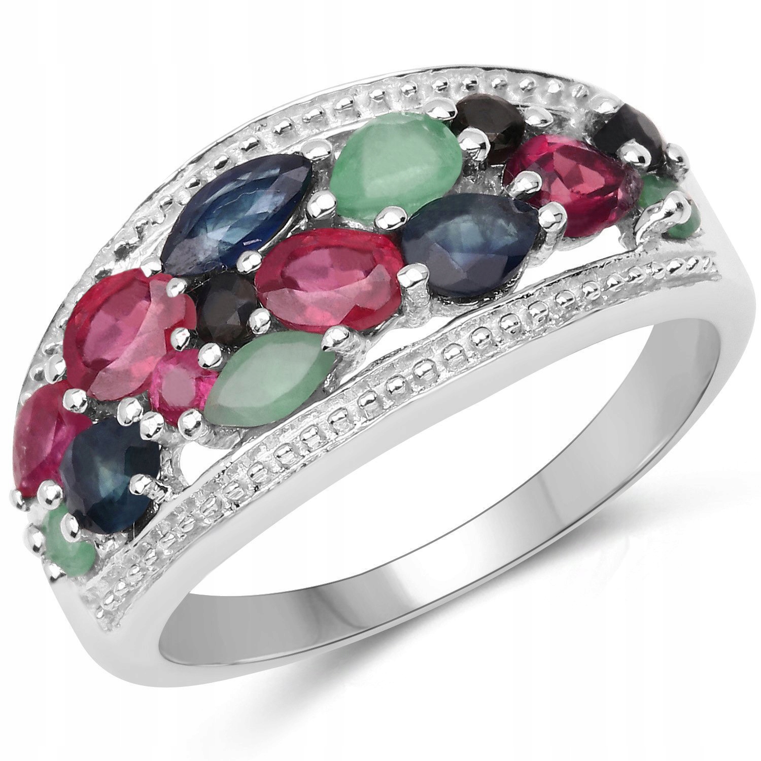 STRIEBORNÝ PRSTEŇ, EMERALD RUBY, SAPPHIRE