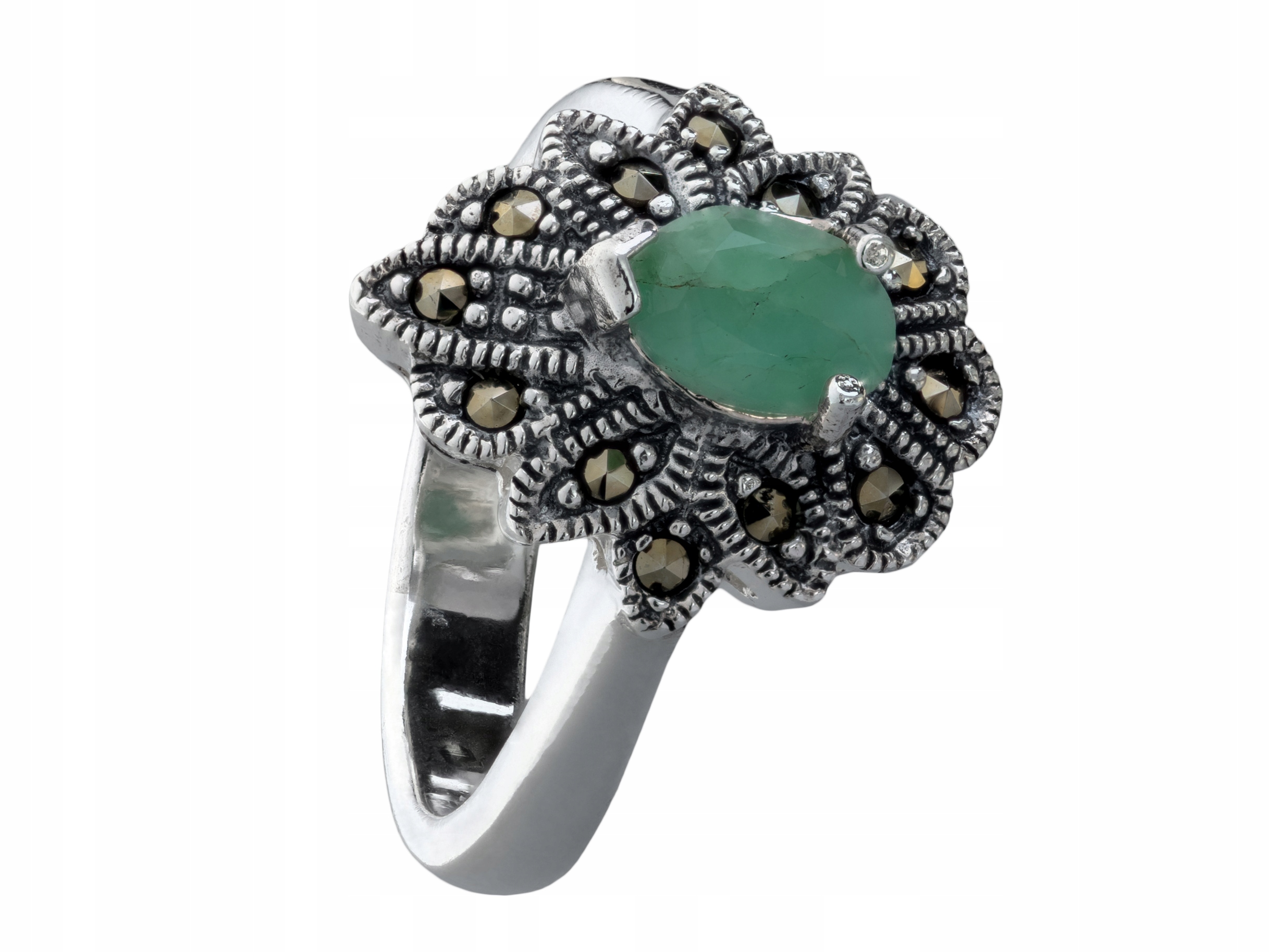 STRIEBRO krúžok EMERALD MARCASSITE oxidácia veľkosť 14