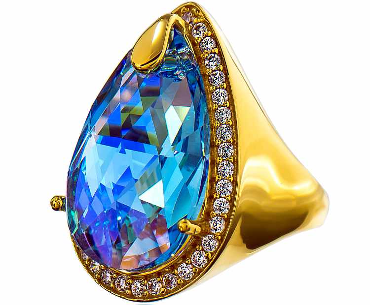 SWAROVSKI CRYSTALS AQUA GOLD RING SILVER