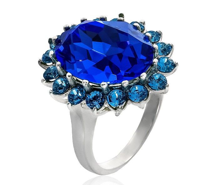 SWAROVSKI CRYSTALS ROYAL BLUE RING STRIEBRO