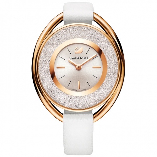 Dámske hodinky -  Swarovski - Kryštalické oválne kožené biele hodinky