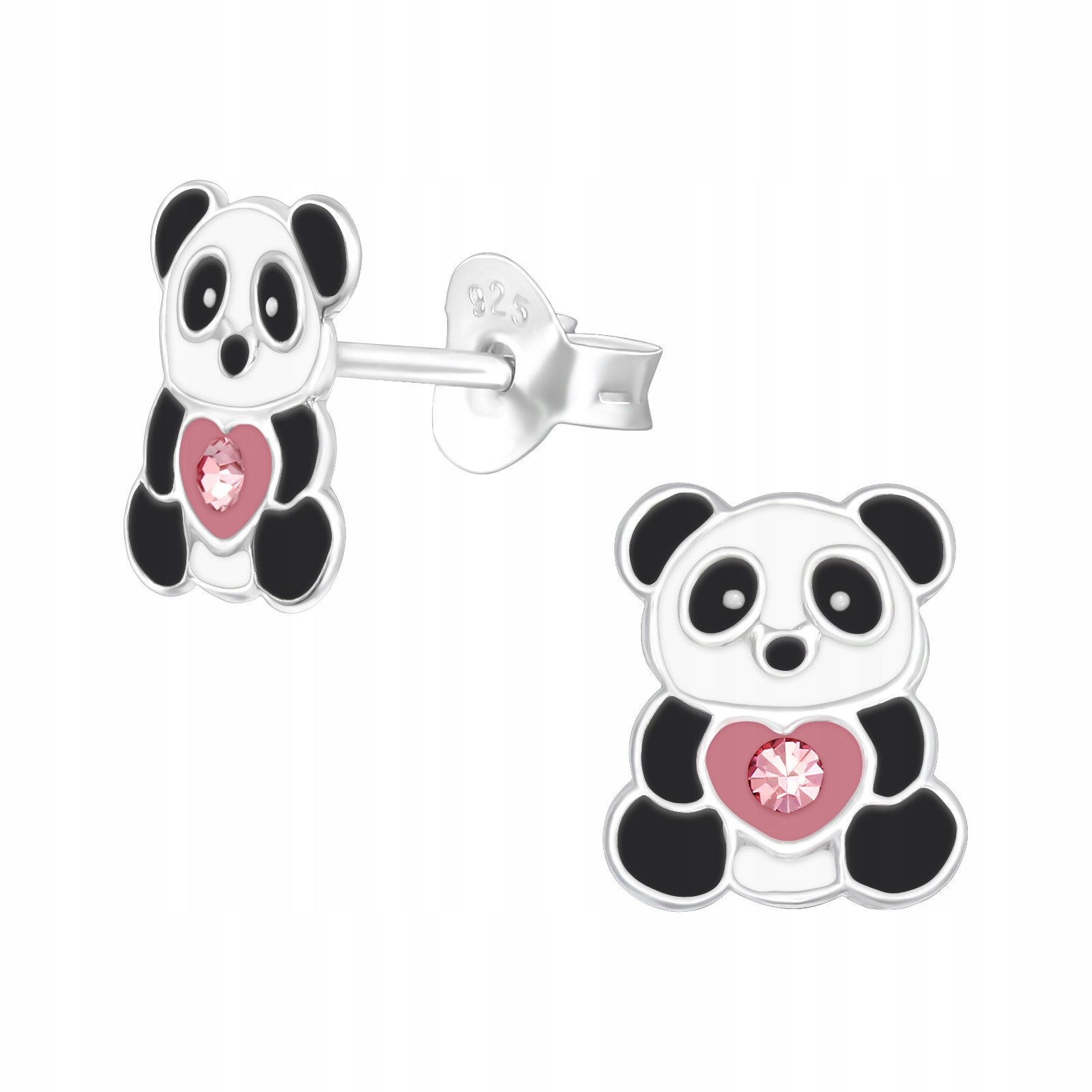Strieborné detské náušnice panda srdce