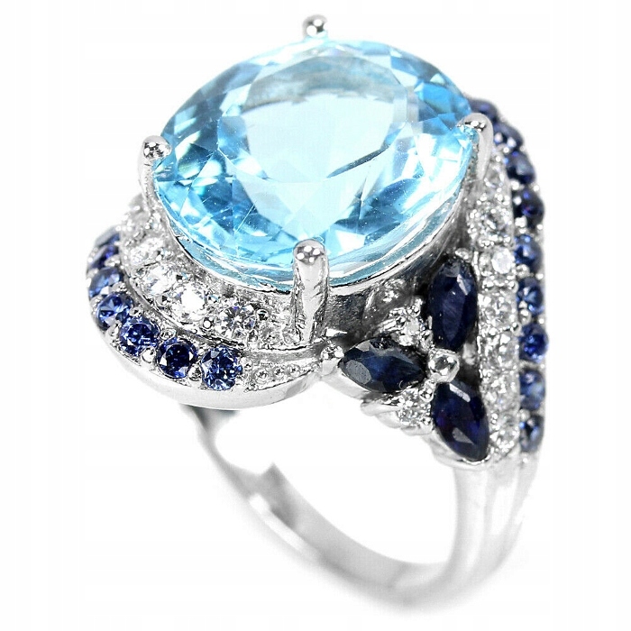 TOPAZ, SAPPHIRE, + ZIRCONIA, R 14 STRIEBORNÝ PRSTEN