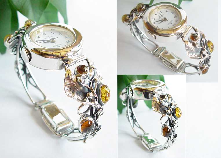 Dámske hodinky -  Silver Watch 925 Strieborné jantárové hodinky