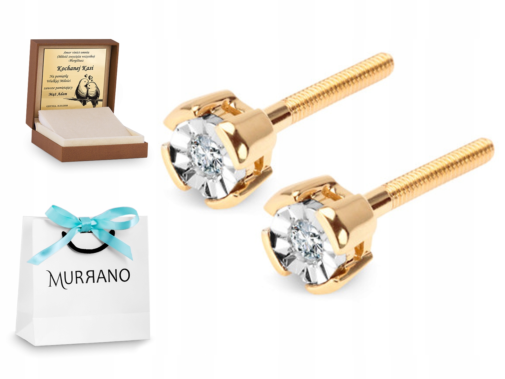 Zlaté náušnice 585 Diamond skrutka darček gravírovanie