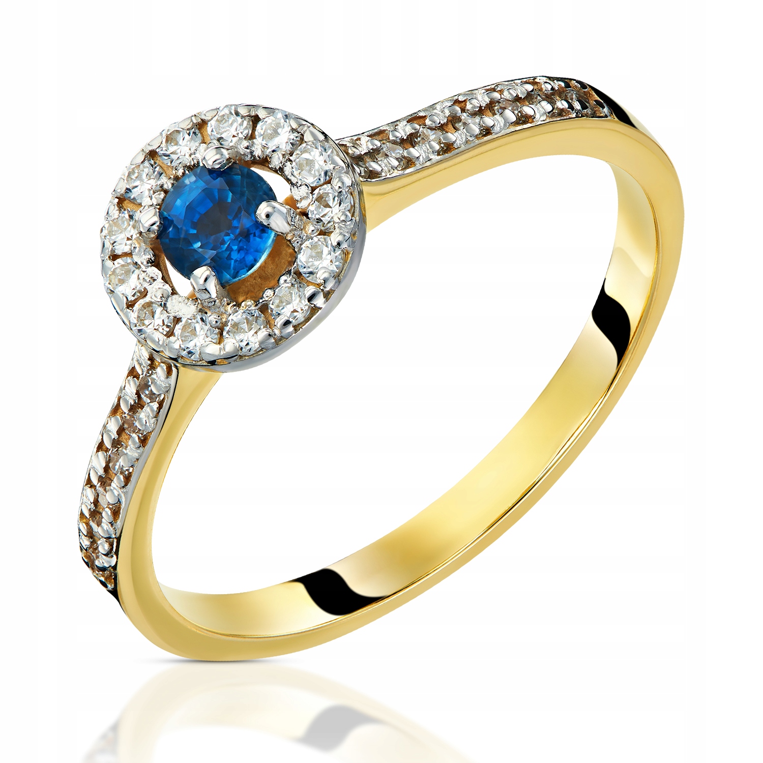 Zlatý prsteň 585 s diamantmi 0,13 ct+ zafír