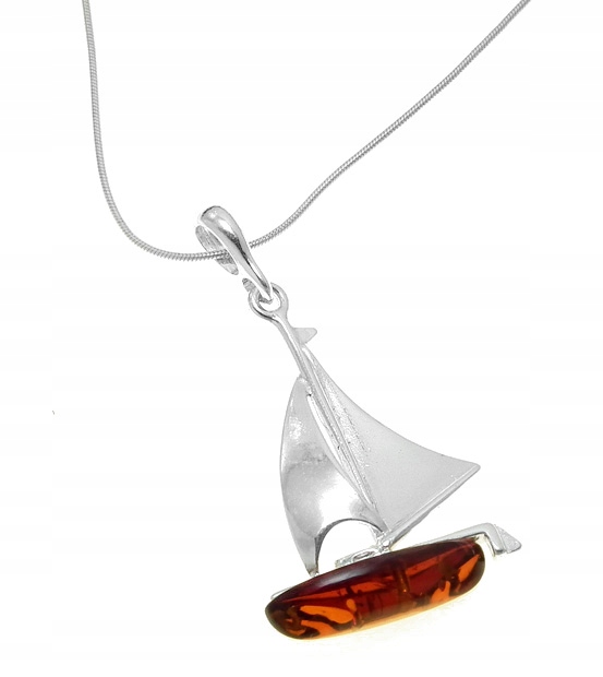 Strieborná plachetnica s Amber +łancuszek
