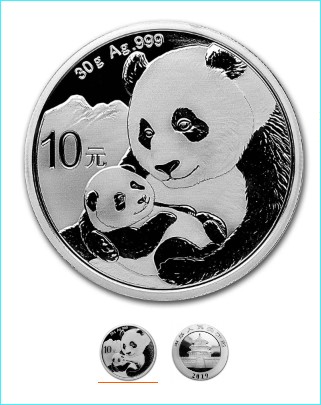 Čína 10 juanov Panda 30 g Ag.999 2019