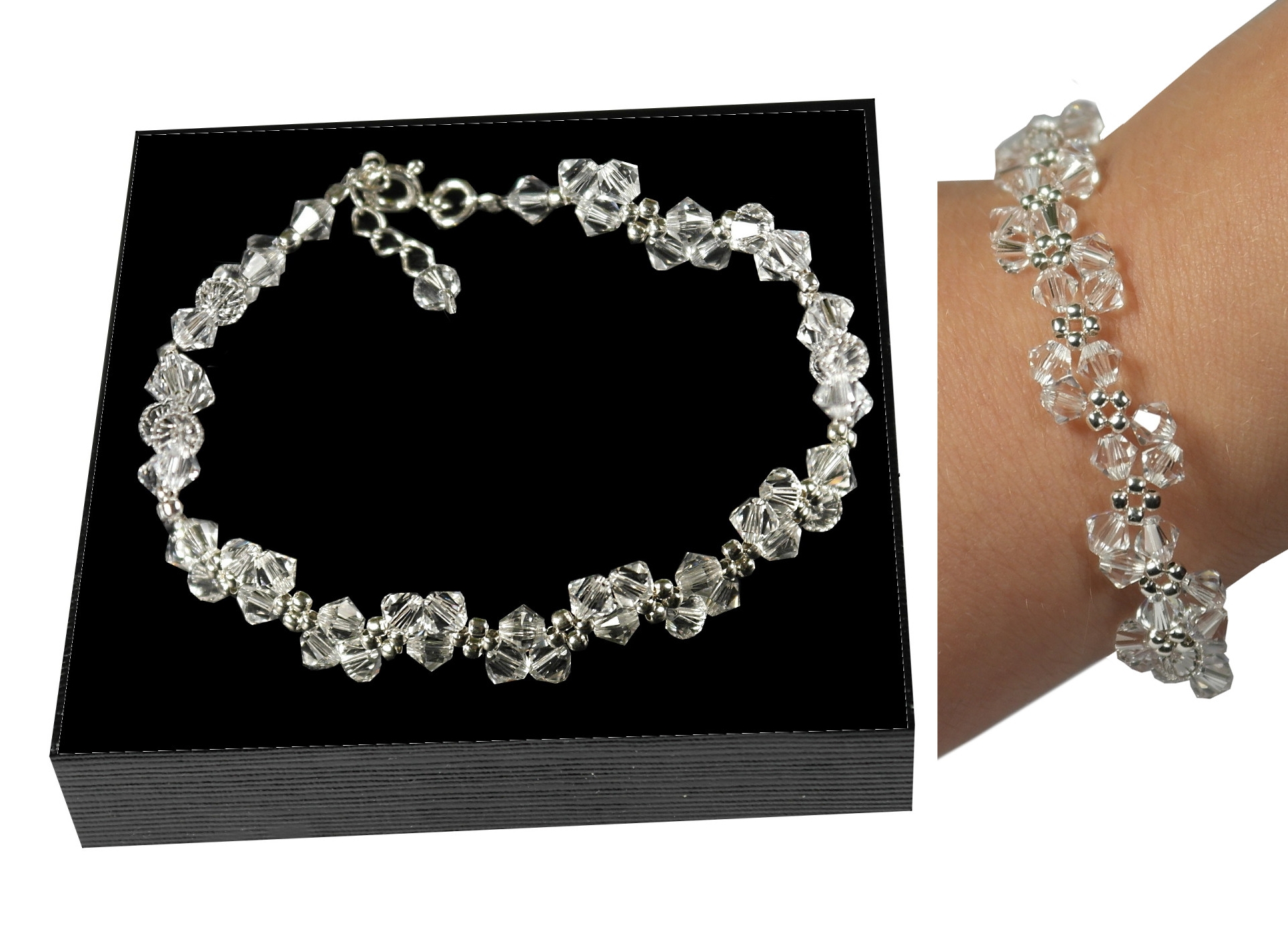 náramok s lesklými kryštálmi Swarovski + striebro
