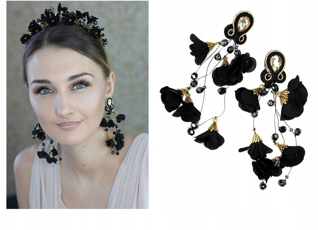 Krásne náušnice čierne zlaté kvety soutache kleo